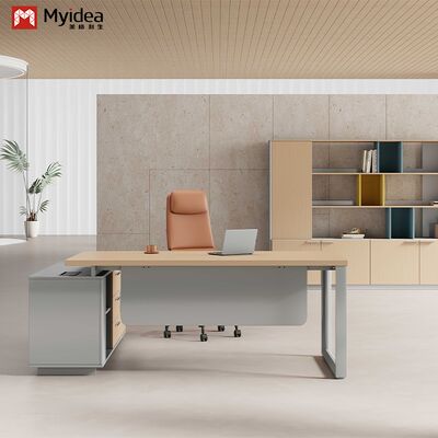 Beli Meja Eksekutif Bentuk L Kayu Solid Myidea dengan Lemari Bawah dan Kaki Baja Ganda untuk Gedung Perkantoran online manufacture