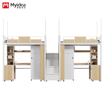 Tempat tidur dan meja, ruang penyimpanan yang besar, meja yang tebal, paku bulat, tepi yang disegel untuk penyimpanan, tangga, dan pagar pengaman tinggi